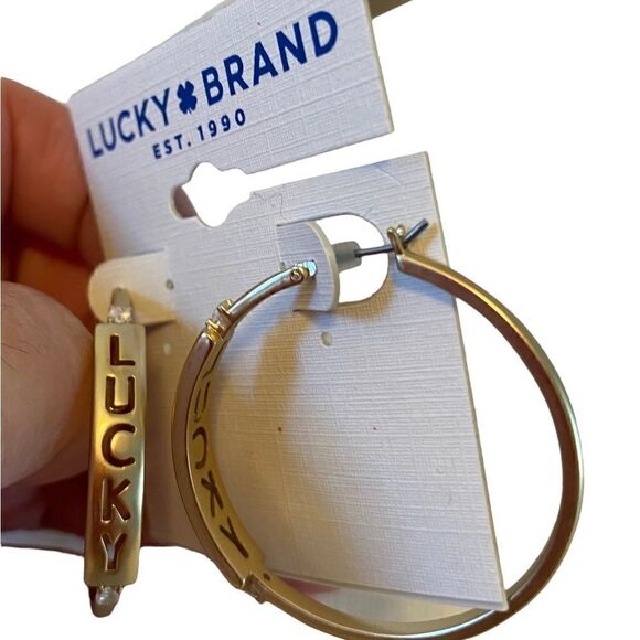 Embossed “Lucky” Gold Toned Hoops - Picture 5 of 6